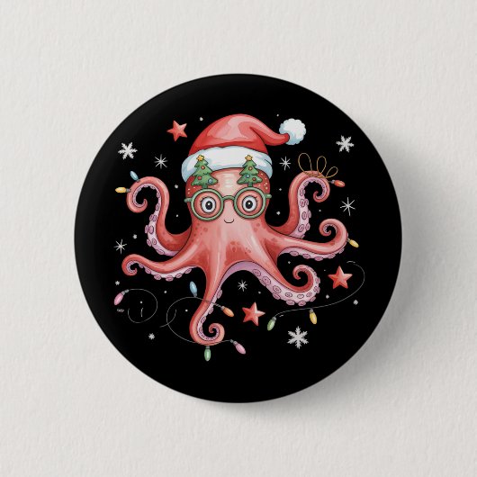 Octopus Glasses Santa Hat Christmas Light Ocean  缶バッジ (正面)