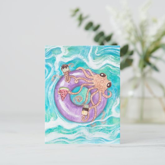 Octopus in Pool Floatはがき ポストカード (スタンド正面)