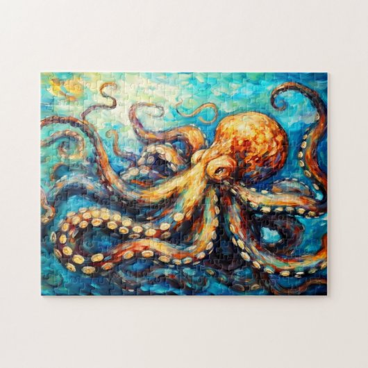 Octopus in Swirling Ocean Oil Painting ジグソーパズル (横)