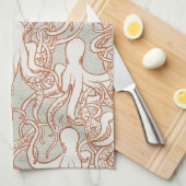 Octopus Line Art | Modern Coastal (Orange & Gray) キッチンタオル (四つ折り)