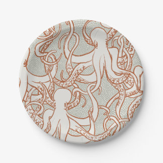 Octopus Line Art | Round Plates (Orange & Gray) ペーパープレート
