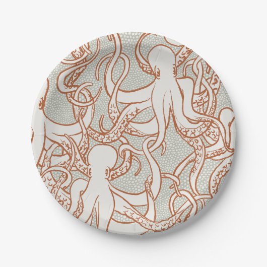 Octopus Line Art | Round Plates (Orange & Gray) ペーパープレート (正面)