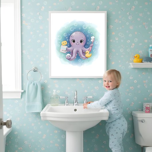 Octopus Wash Station Kids Bathroom Wall Art ポスター