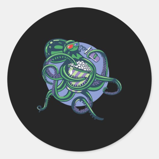 Octopus Watching A Movie – 詳細画像デザイン ラウンドシール (正面)