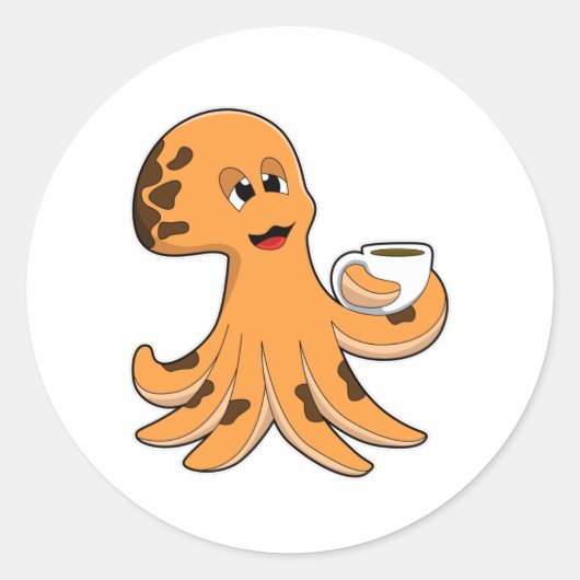 Octopus with Cup of Coffee ラウンドシール (正面)