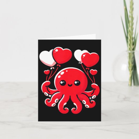 Octopus With Heart Balloons Adorable Valentines Da カード (正面)