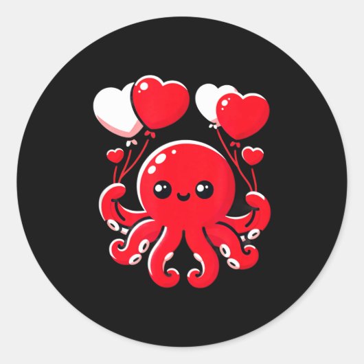 Octopus With Heart Balloons Adorable Valentines Da ラウンドシール (正面)