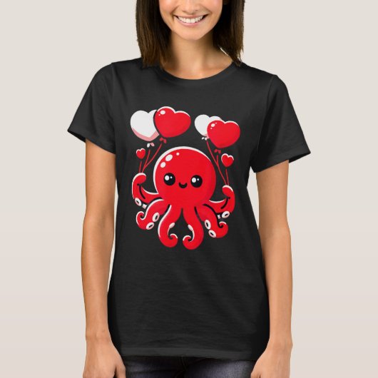 Octopus With Heart Balloons Adorable Valentines Da Tシャツ (正面)