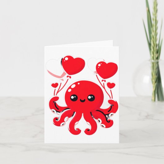 Octopus With Heart Lloons Adorable Valentines Day  カード (正面)