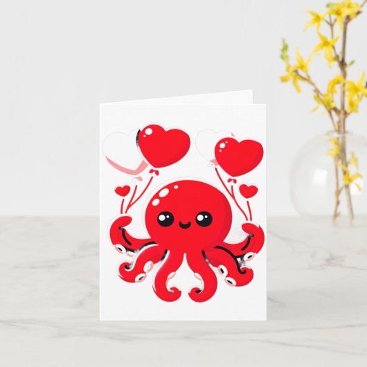 Octopus With Heart Lloons Adorable Valentines Day  カード (黄色い花)