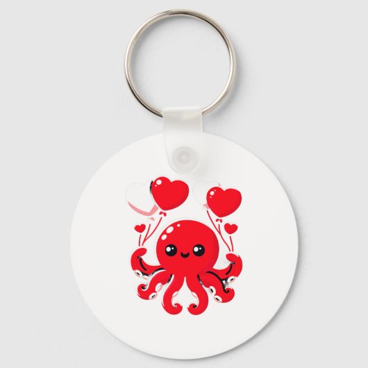Octopus With Heart Lloons Adorable Valentines Day  キーホルダー (正面)
