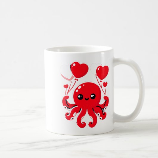 Octopus With Heart Lloons Adorable Valentines Day  コーヒーマグカップ (右)