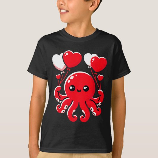 Octopus With Heart Lloons Adorable Valentines Day  Tシャツ (正面)
