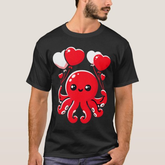 Octopus With Heart Lloons Adorable Valentines Day  Tシャツ (正面)