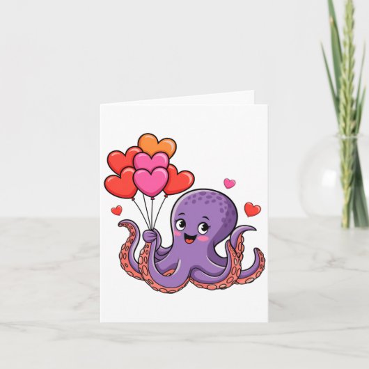 Octopus With Heart Lloons Valentine Day  カード (正面)
