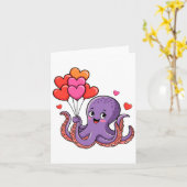 Octopus With Heart Lloons Valentine Day  カード (黄色い花)