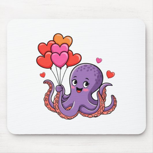 Octopus With Heart Lloons Valentine Day マウスパッド (正面)