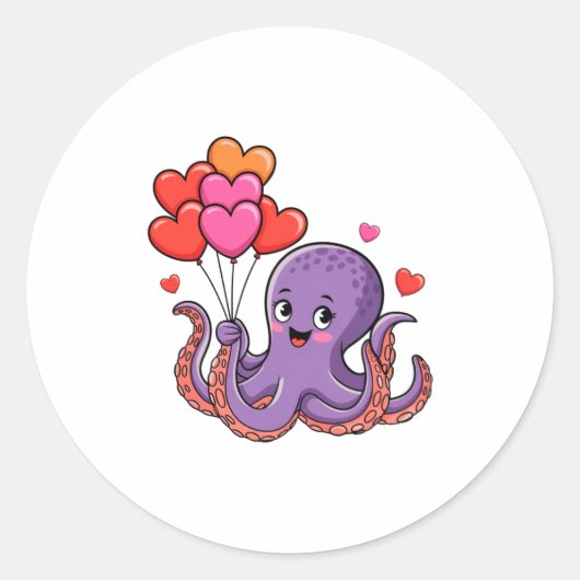 Octopus With Heart Lloons Valentine Day  ラウンドシール (正面)