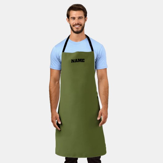 OD Green cooking apron with custom name エプロン (着用した状態)