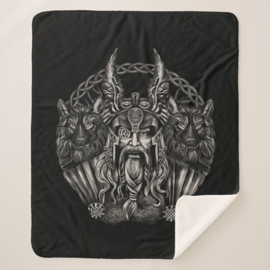 Odinおよび彼のオオカミGeriおよびFreki シェルパブランケット (正面)