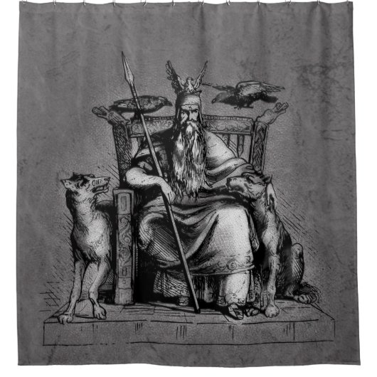 Odinは彼の石造りの王位のバイキングの神話であさり歩きます シャワーカーテン (正面)