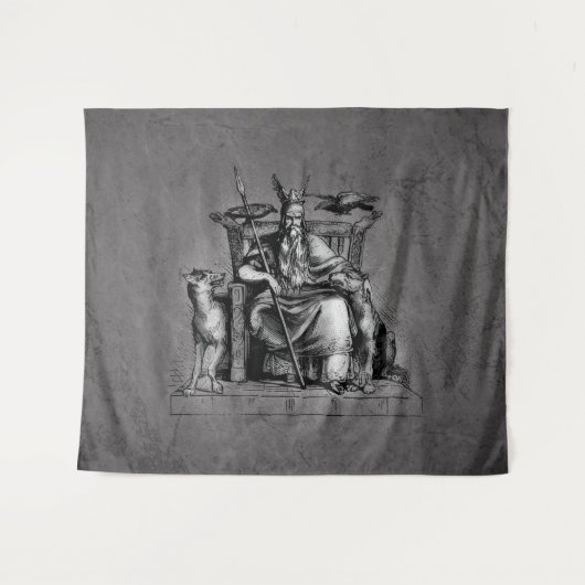 Odinは彼の石造りの王位のバイキングの神話であさり歩きます タペストリー (正面(横))