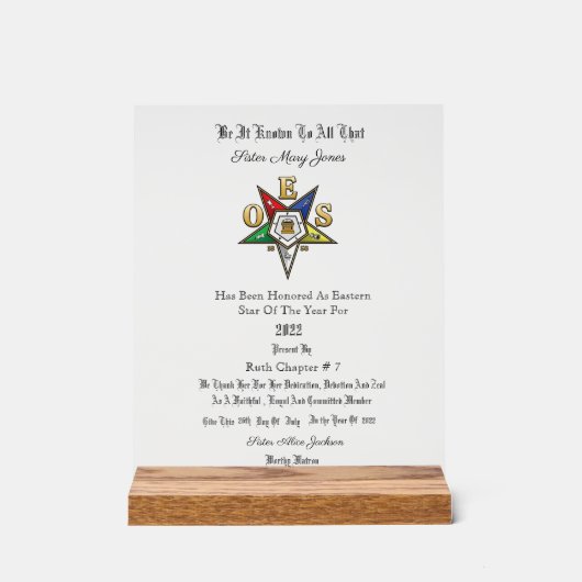 OES賞 アクリルサイン (正面)