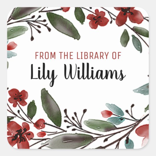 Of Libraryの水彩赤フローラ スクエアシール (正面)