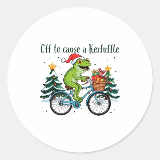 Off To Cause A Kerfuffle Funny Frog Santa Christma ラウンドシール (正面)