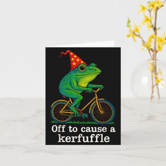 Off To Cause A Kerfuffle Funny Frog Wizard Bicycle カード (黄色い花)