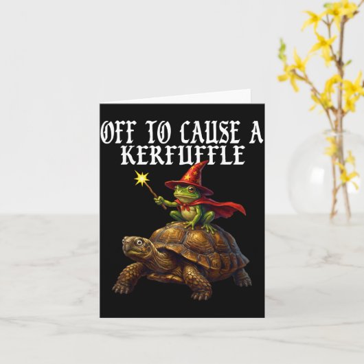 Off To Cause A Kerfuffle Funny Whimsical Frog Wiza カード (黄色い花)