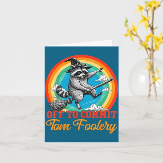 Off To Commit Tom Foolery Raccoon Funny Retro Desi カード (黄色い花)