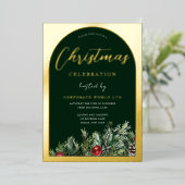 Officeクリスマスパーティーグリーン金ゴールド 箔招待状 (立ち正面)