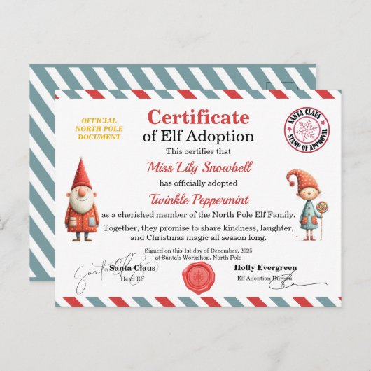 Official North Pole Elf Adoption Certificate  ポストカード (正面/裏面)