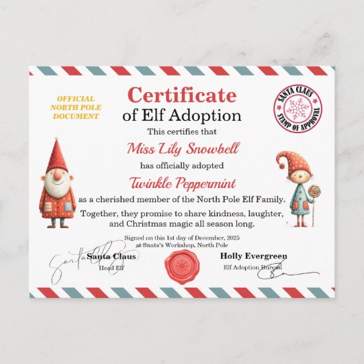 Official North Pole Elf Adoption Certificate  ポストカード (正面)