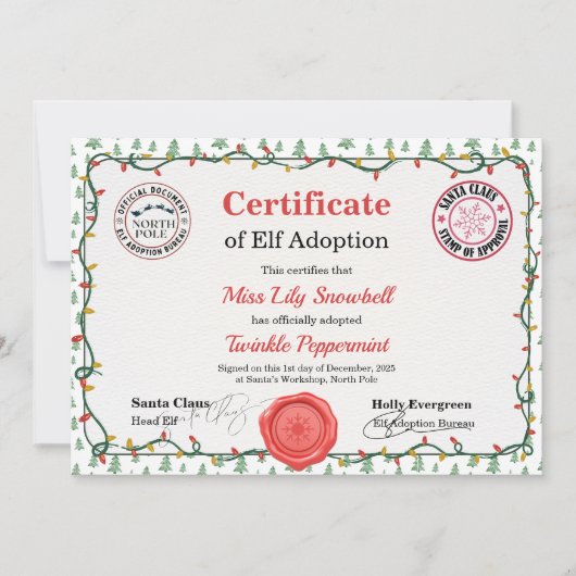 Official North Pole Elf Adoption Certificate  招待状 (正面)