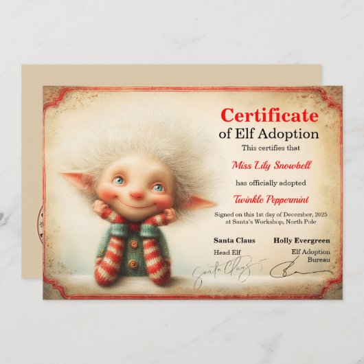 Official North Pole Elf Adoption Certificate  招待状 (正面/裏面)