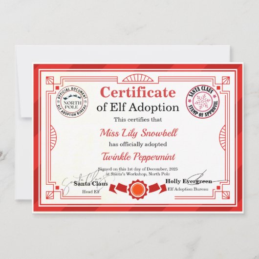 Official North Pole Elf Adoption Certificate  招待状 (正面)