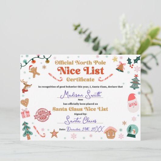 Official North Pole Nice List Certificate Santa 招待状 (スタンド正面)