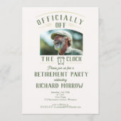 “Officially Off the Clock” 写真を使った退職パーティー 招待状 (正面)