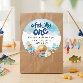 Ofishally One Fishing Boy 1st Birthday Thank you ラウンドシール
