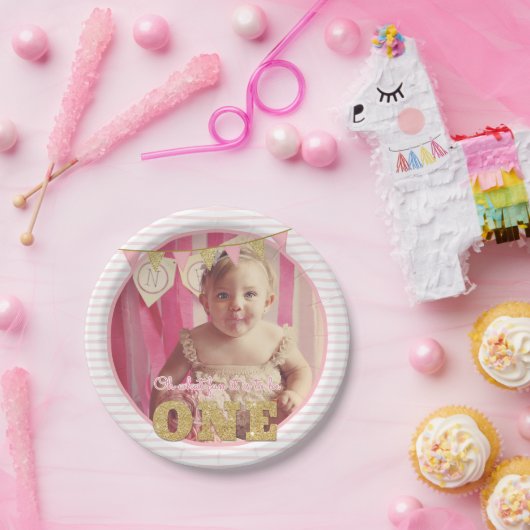 Ohどのようなおもしろいをワンピンク&金ゴールドファースト誕生日 ペーパープレート (パーティー)