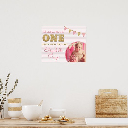 Ohどのようなおもしろいをワンピンク&金ゴールドファースト誕生日 ポスター (キッチン)