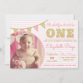 Ohどのようなおもしろいをワンピンク&金ゴールドファースト誕生日 招待状 (正面)