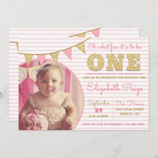 Ohどのようなおもしろいをワンピンク&金ゴールドファースト誕生日 招待状 (正面/裏面)