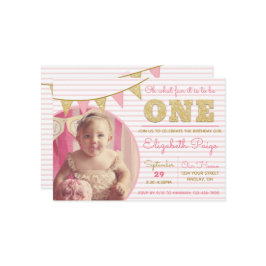 Ohどのようなおもしろいをワンピンク&金ゴールドファースト誕生日 招待状