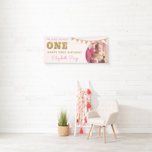 Ohどのようなおもしろいをワンピンク&金ゴールドファースト誕生日 横断幕 (インサイチュ)