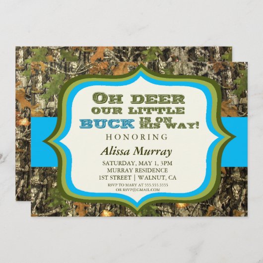 Ohシカは彼の方法ベビーシャワーに私達の小さい木びき台あります 招待状 (正面/裏面)