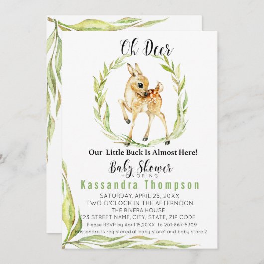 Ohシカは私達の小さい木びき台ほとんどここにベビーシャワーいます 招待状 (正面/裏面)