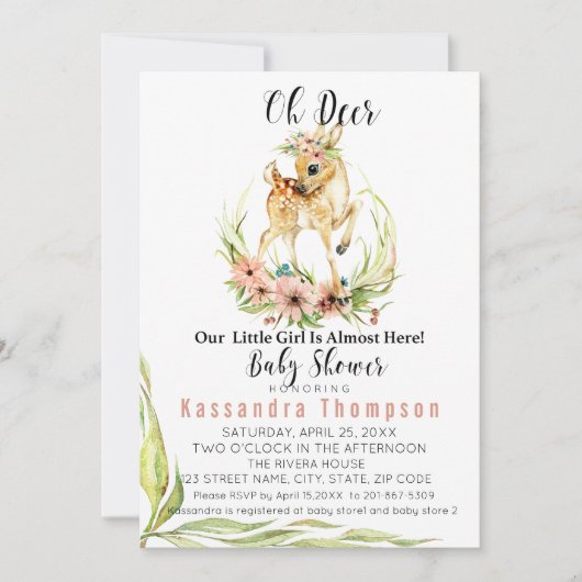 Ohシカは私達の小さな女の子ほとんどここにベビーシャワーいます 招待状 (正面)